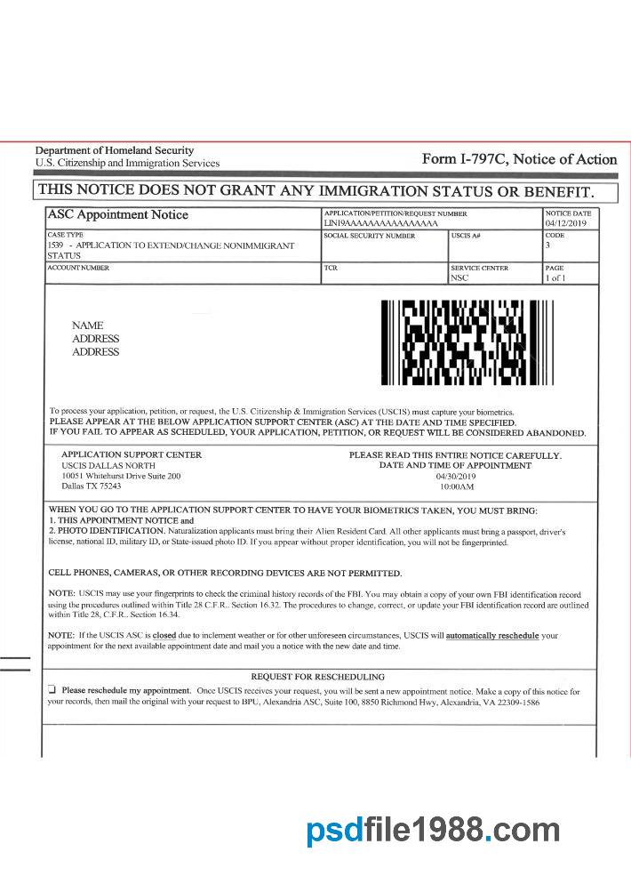 U.S. Citizenship and Immigration Services Form I-797C, Notice of Action